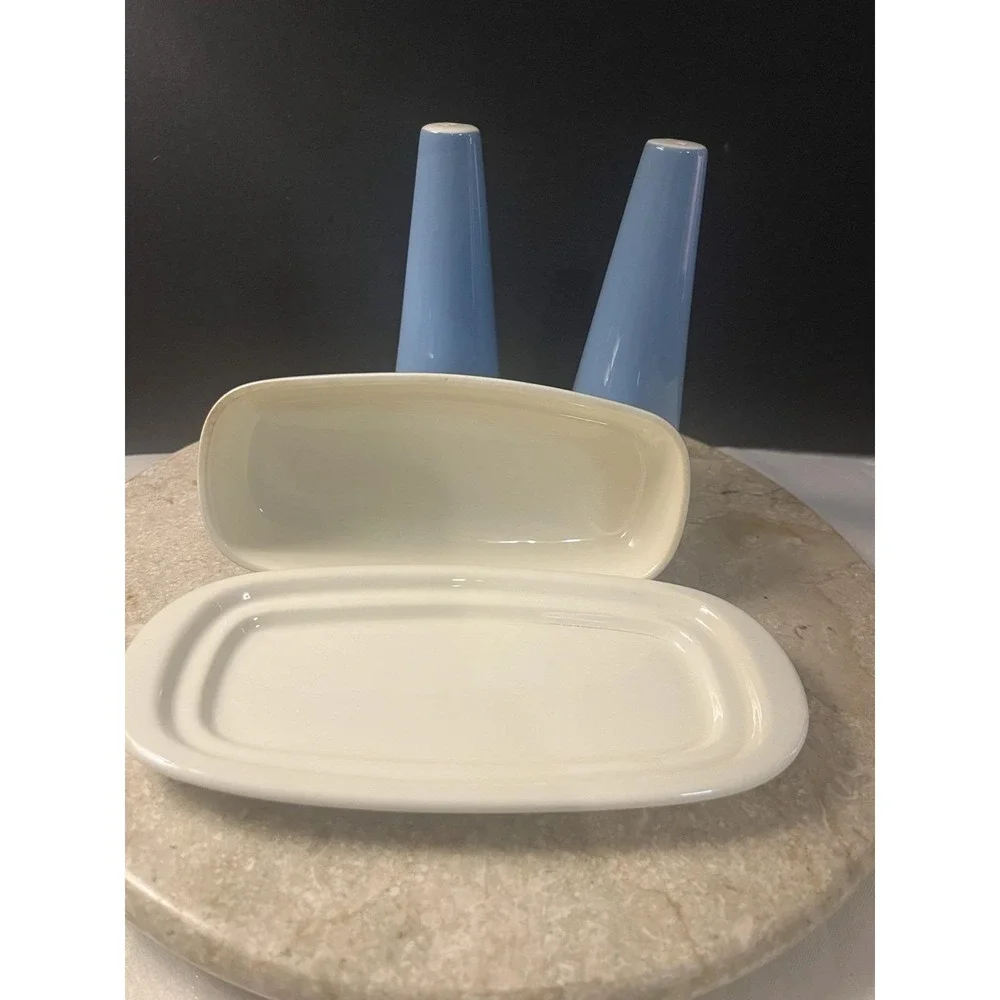 1960's Homer Laughlin Orbit Blue Covered Butter Dish W/ Salt And Pepper Shakers